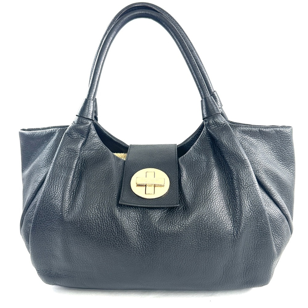 Kate Spade Black Pebbled Leather Large Carryall Shoulder Bag Brass Turn Lock